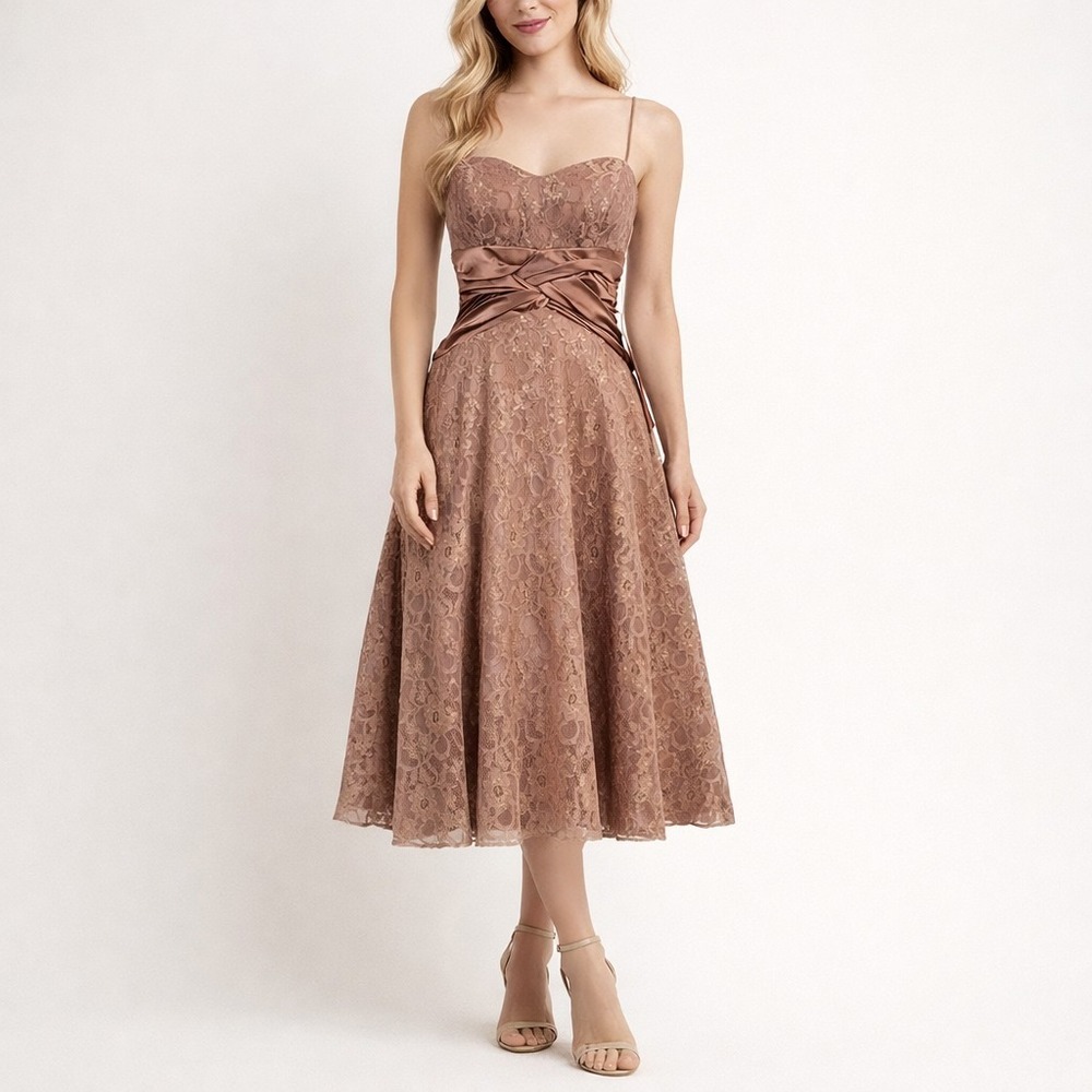 Vintage DAVE & JOHNNY Size 2 Bronze Lace & Satin Ruched Party Cocktail Dress NWT
